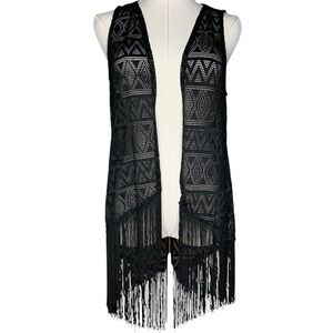 Black Fringe Crochet Vest Geometric Pattern Boho Grunge Whimsigoth Hippie Size M